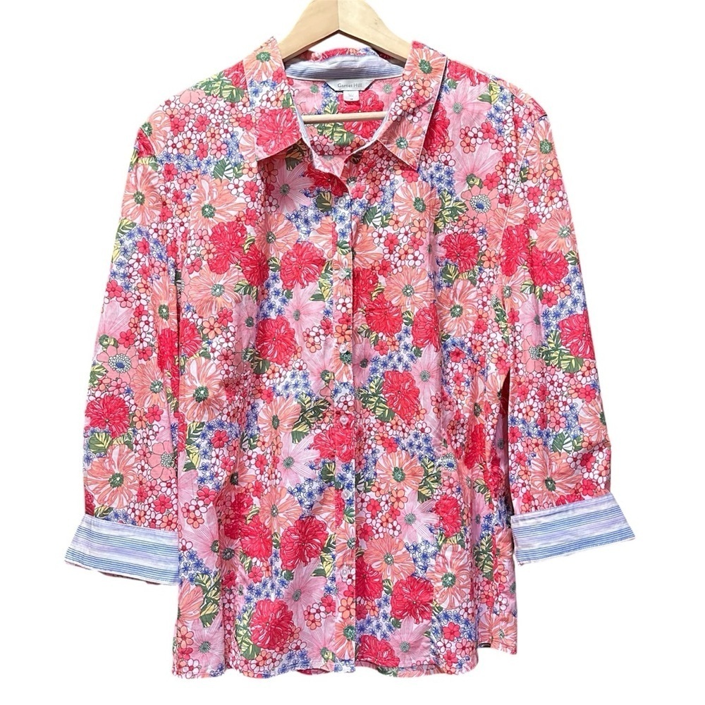 EUC Garnet Hill Pink and Green Floral Shirt